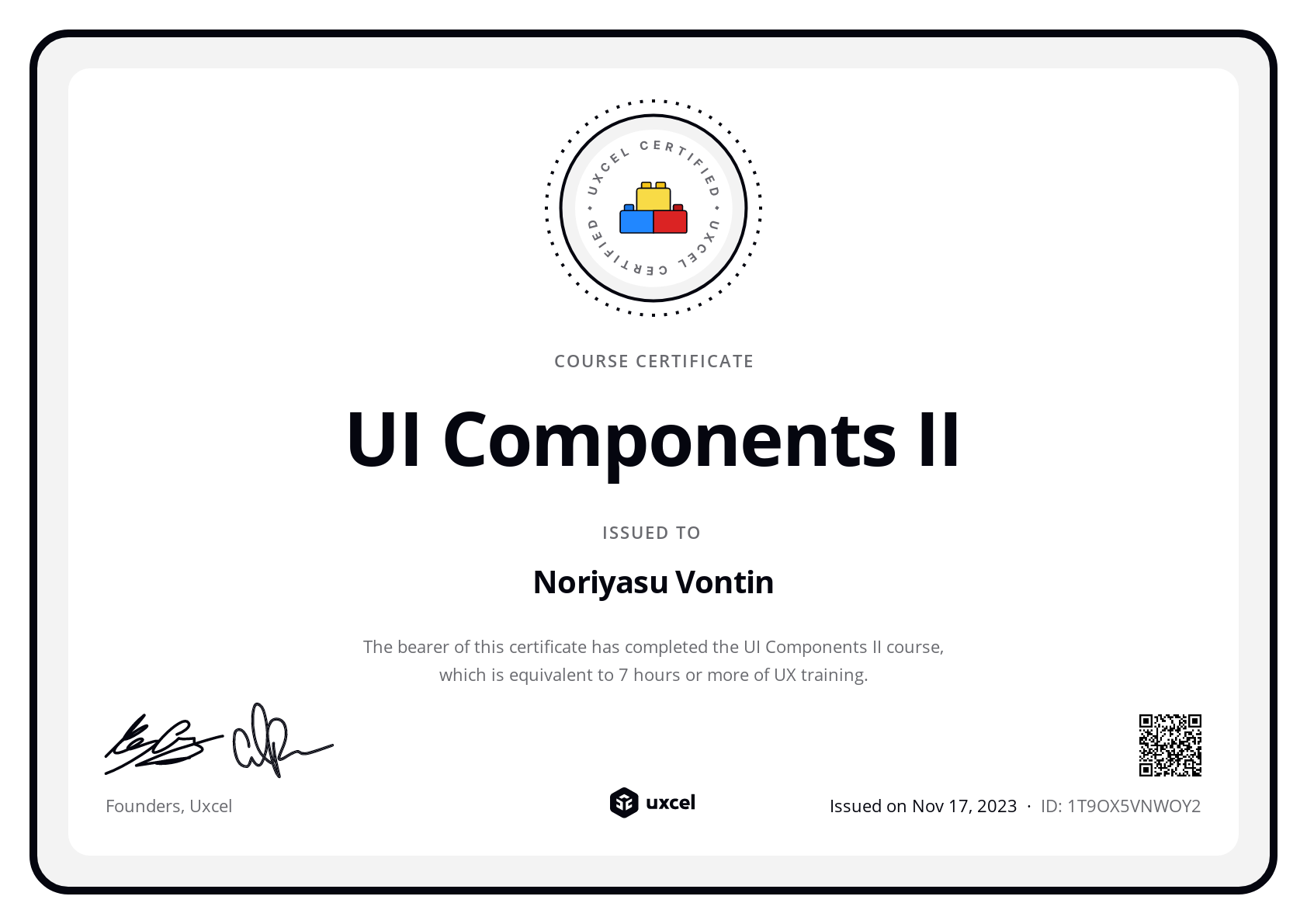 Noriyasu Vontin's certificate